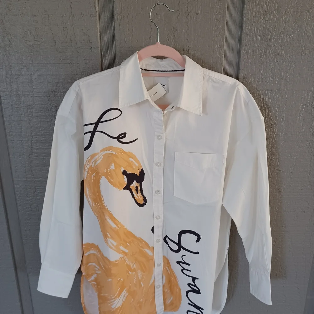 Maeve The Bennet Buttondown Shirt Size XS Women Preppy Swan Novelty Cotton - Picture 3 of 16